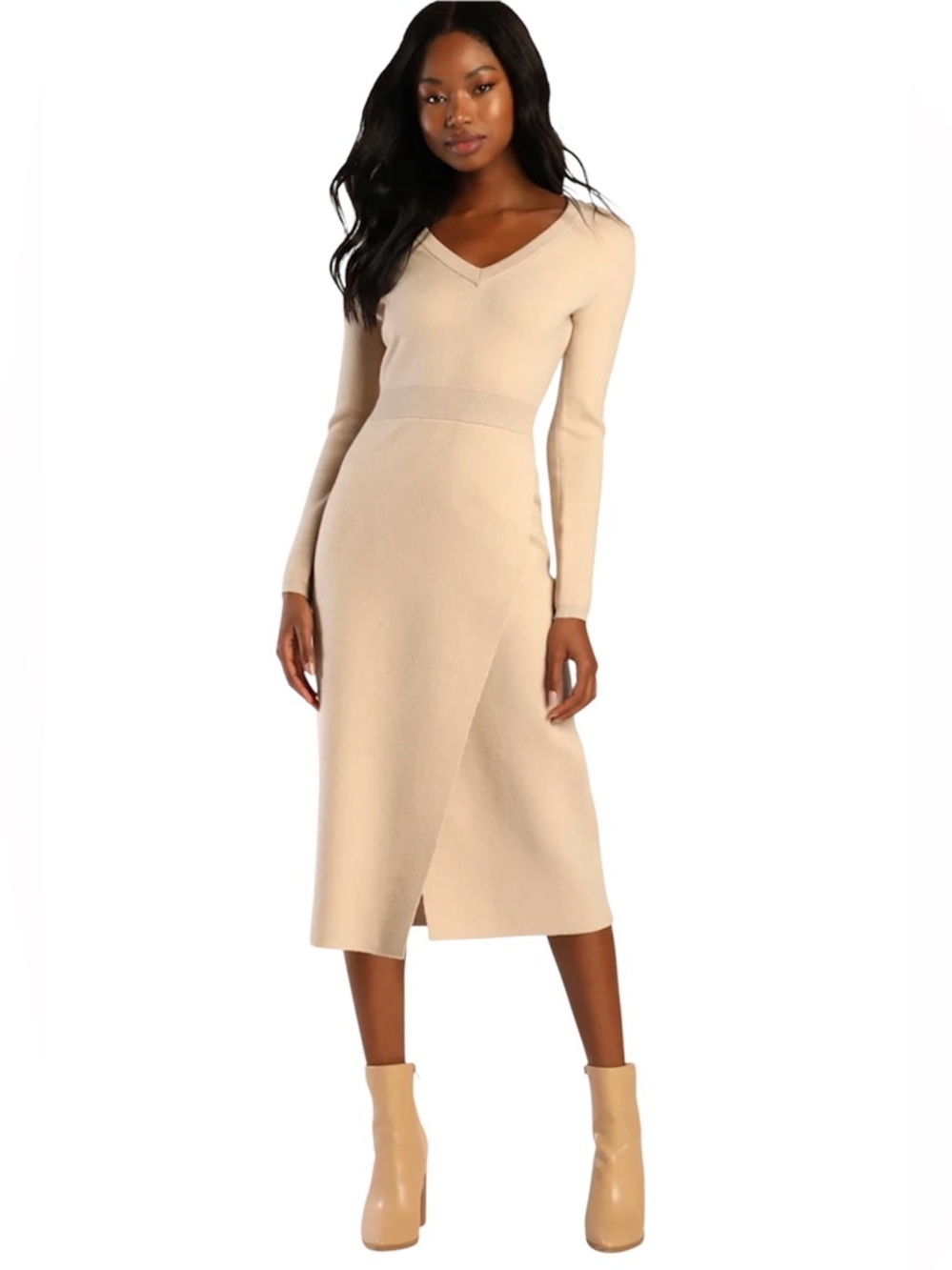 NWT Lulus Knit's My Life Beige Long Sleeve Midi Sweater Dress Size S